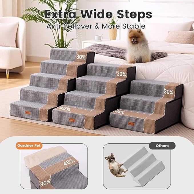 Gardner Pet Dog Stairs for Small Dogs 14" H, 3-Step Extra Wide Dog Steps for Bed, Pet Stairs for Bed and Couch with Durable Non-Slip Waterproof Fabric Cover and Soft Foam, Grey