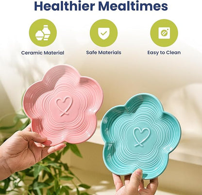 PawsPik Flower Ceramic Cat Feeding Plate with Raised Bamboo Stand, Elevated Whisker-Friendly Pet Bowl, Anti-Slip Stable Design, Dishwasher Safe (Blue)