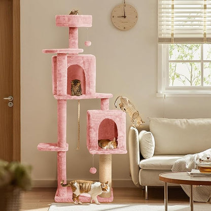 58in Large Cat Tree Tower for Indoor Cats with Soft Plush Hang Ball, Two Condos, Sisal Scratch Posts & Rope Play for Kittens/Adult Cats, Pink