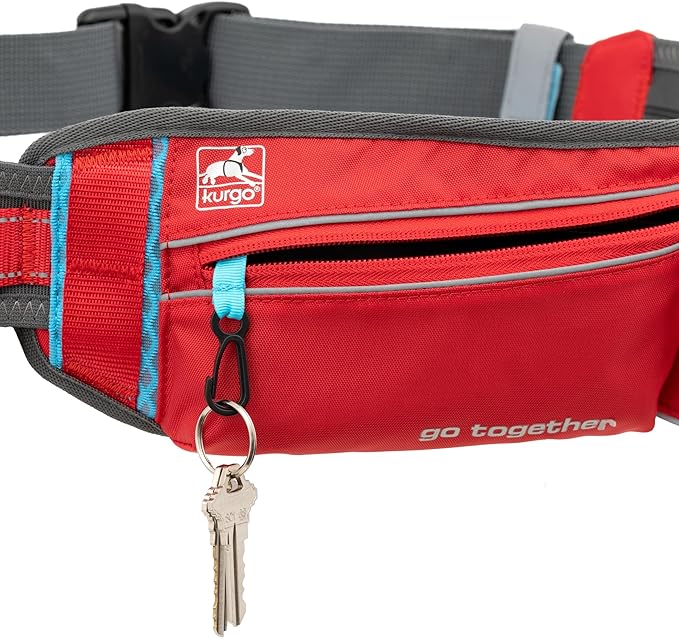 Kurgo On Trail Running Belt - Hands Free Running Belt for Dogs - Adjustable Dog Running Belt - Reflective Jogging Gear - Quick Access Pouch - BPA Free Water Bottle - Red/Blue/Gray