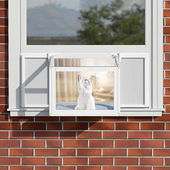 MUPATER Cat Window Box, Catio Outdoor Cat Enclosure Perch, Fits Double Hung Frames 26" to 42" Wide, All-Weather Use Wooden Window Kitty House, for Napping, Sunbathing & Nature Viewing, White