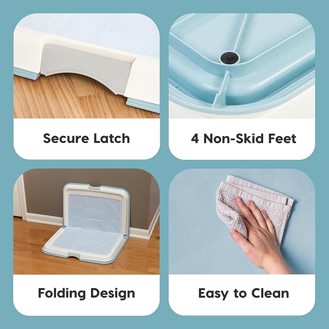 IRIS USA Pee Pad Holder - for Large Sized Dog and Puppy Pee Pads, Secured Latches, Non-Skid Feet, High Polish Finish for Easy Cleaning, Leak Protection, Fits 28"x34" Pad or Larger, Square, Blue
