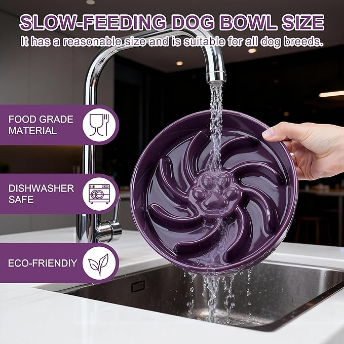 Ceramic Slow Feeder Dog Bowl, 1.5 Cup Dog Food or 20oz Water, Slow Eating Bowl for Small Breed, Maze Puzzle Feeder for Fast Eaters, Anti-Choking Stop Bloat, Non-Slip BPA Free (Purple)