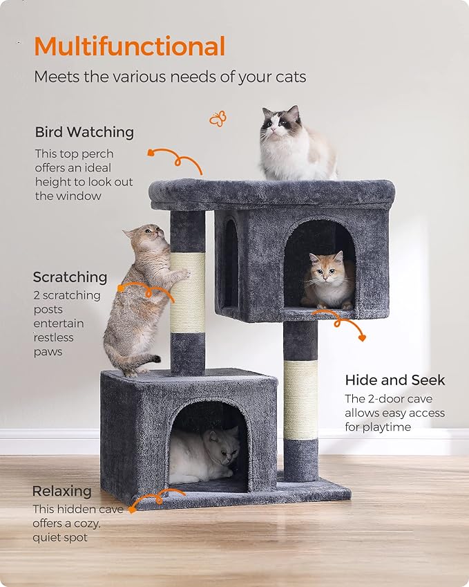 Feandrea Cat Tree, 40.6-Inch Cat Tower, Plush Condo for Extra Large Cats up to 44 lb, Large Perch, 2 Caves, Scratching Post, Smoky Gray UPCT614G01