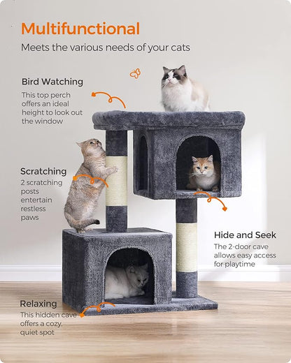 Feandrea Cat Tree, 40.6-Inch Cat Tower, Plush Condo for Extra Large Cats up to 44 lb, Large Perch, 2 Caves, Scratching Post, Smoky Gray UPCT614G01
