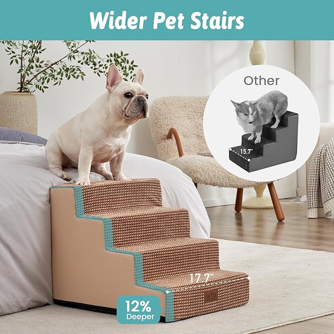 Dog Stairs for Small Dogs, 17.7" Extra Wide Right-Angle Pet Stairs for Couch and Beds, Anti-Slip Dog Steps for Old Cats and Lowrider, 17.7x23.6x17.7 inch,Light Brown
