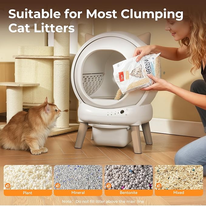 Automatic Cat Litter Box - E2 Self Cleaning Litter Box Smart Robot for Multiple Cats, APP Real-Time Monitor, Weight Monitoring, Safe Anti-Pinch Liners and Mat Included