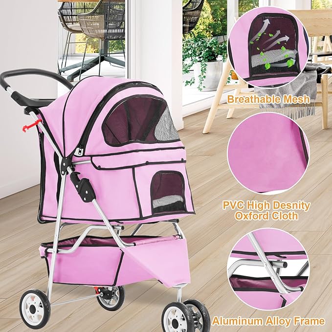 BestPet 3 Wheels Pet Dog Stroller Cat Cage Jogger Stroller Cats Travel Folding Carrier Waterproof with Cup Holder & Removable Liner,Pink