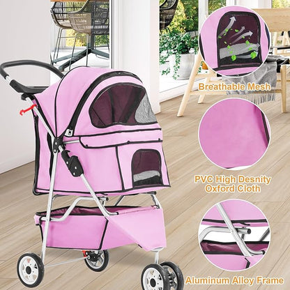 BestPet 3 Wheels Pet Dog Stroller Cat Cage Jogger Stroller Cats Travel Folding Carrier Waterproof with Cup Holder & Removable Liner,Pink