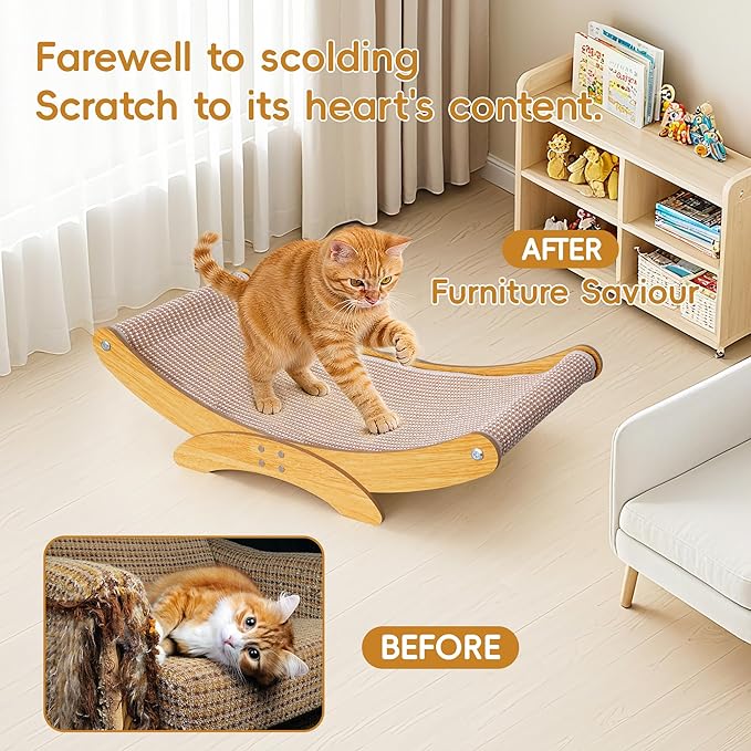 Extra-Larger Cat Scratcher Bed for Indoor Cats - 27.6" Natural Sisal Cat Scratching Board, Wood Frame Scratch Pad, Modern Cats Lounger/Hammock, Easy Assembly Furniture