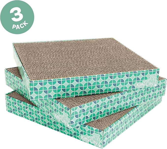 Kitty City Cat Scratcher Refill – 3-Pack Durable Corrugated Cardboard Scratch Pads with Catnip – Double-Sided for Longer Use, Cat Claw Maintenance & Furniture Protection - Size: 13.25" x 13.25"