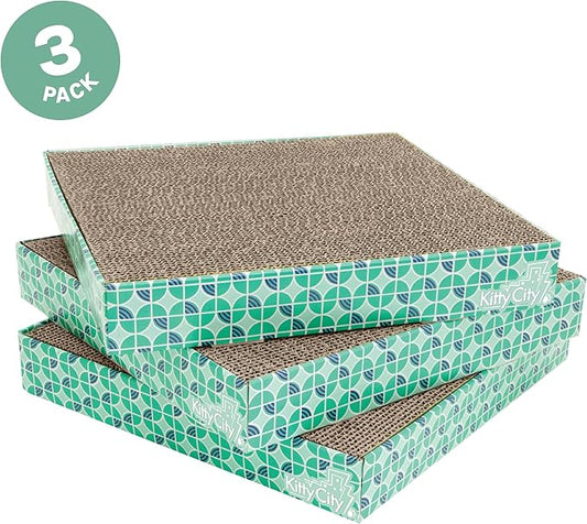 Kitty City Cat Scratcher Refill – 3-Pack Durable Corrugated Cardboard Scratch Pads with Catnip – Double-Sided for Longer Use, Cat Claw Maintenance & Furniture Protection - Size: 13.25" x 13.25"