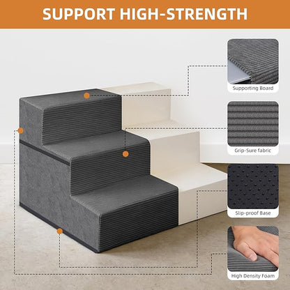 Dog Stairs for Small Dogs, 16.5" H, 3-Step Extra Wide Pet Steps for Bed Couch Sofa and Chair, Non-Slip Balanced Pet Ramp for Medium Cats,Indoor Dog Ladder, Grey