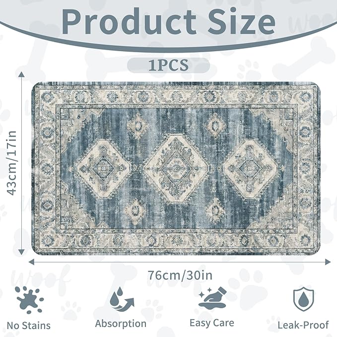 Pet Dog Cat Food Mat, Non Slip Bowl Mats for Food and Water, Absorbent Boho Dogs Cat Feeding Mat Puppy Pet Placemats for Floors Indoor Pets Accessories Supplies 17 * 30 inch, Retro Blue