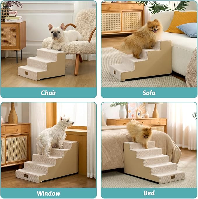 Dog Stairs for Small Dogs 11.7" H, 3-Step Gentle Incline Pet Step for Couch Chiars, Right-Angle Dog Ramp for Puppy Doggie Senior Cats, 15.7x17.7x11.7 Inch, Beige