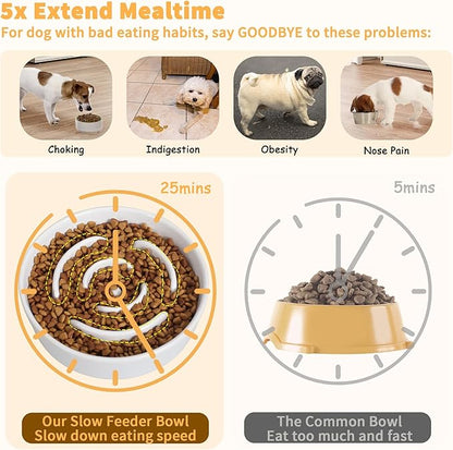 Elevated Slow Feeder Dog Bowl - Ceramic Maze Food Dish with Bamboo Stand - Raised Feeding Bowl for Fast Eaters - Ideal for Small and Medium Dogs - White - 6.7 inch