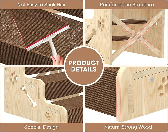 Dog Stairs for Small Dogs, 3-Step Wooden Dog Ramp for Bed, Couch & Car, Non-Slip Pet Stairs for Small Old Short-Legged Puppy & Cat, Indoor Pet Steps with X-Brace Support