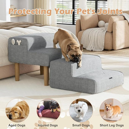 PakaLife Dog Ramp Ottoman,2-in-1 Dog Steps for Bed&Couch,Foldable Solid Wood Pet Ramps&Dog Stairs for Small, Senior Dogs & Old Cats to get on Bed,Washable Cover,135lb Capacity