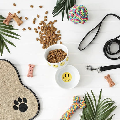 Bone Dry Ceramic Food Bowls, Non-Slip & Dishwasher Safe, Small Set, 4.25x2, Smiley Face, 2 Count