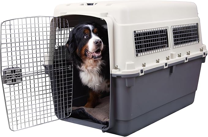SportPet Airline Compliant XXX-LARGE 44" Travel Dog Kennel-Durable Plastic Airline Pet Carrier w/Removable Wheels & Food Bowls, Collapsible Indoor/Outdoor Dog Kennel, Dogs up to 44"L & 33"H-Cream/Gray