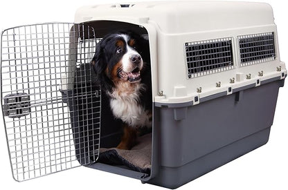 SportPet Airline Compliant XXX-LARGE 44" Travel Dog Kennel-Durable Plastic Airline Pet Carrier w/Removable Wheels & Food Bowls, Collapsible Indoor/Outdoor Dog Kennel, Dogs up to 44"L & 33"H-Cream/Gray