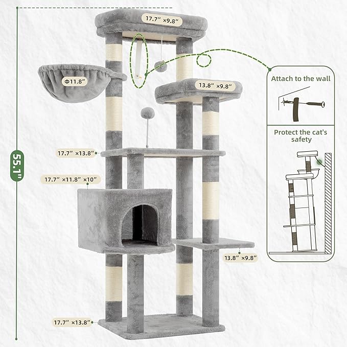 Cat Tree for Indoor Cats, 55.1 inch Cat Tower with 7 Sisal Scratching Posts, Multi-level Cat Condo wit Large Play Platform Furry Ball, Cat Cave, 2 Padded Perches, Basket, Light Gray GCT013W