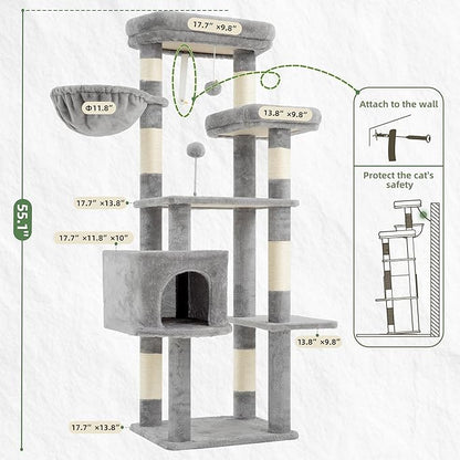 Cat Tree for Indoor Cats, 55.1 inch Cat Tower with 7 Sisal Scratching Posts, Multi-level Cat Condo wit Large Play Platform Furry Ball, Cat Cave, 2 Padded Perches, Basket, Light Gray GCT013W
