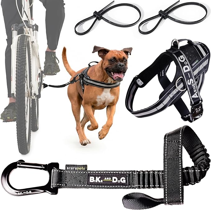 BIKE AND DOG - Dog Leash and Harness for Bicycle, Harness with 3 Rings, 2 are Sides, Includes 2 Special Cable Ties for Bicycle. Patented. (Black, Leash & Harness M)