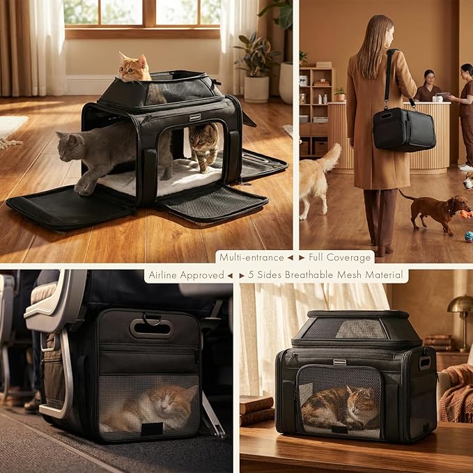Top-Expandable Pet Carrier with Treat & Pet Window,18x11x11 Inch Delta American United Airline Approved,Soft-Sided Dog Carrier for Small Dogs and Cats,Travel Cat Carrier with Locking Safety Zippers