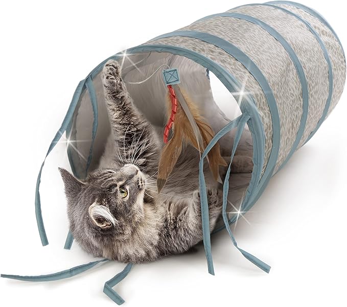 Petlinks Twinkle Tunnel Light Up Activity Tunnel with Feather Toy for Cats & Kittens, Battery Powered, Fun & Engaging Play, Encourages Exercise - Gray/Blue, One Size
