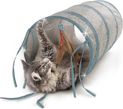 Petlinks Twinkle Tunnel Light Up Activity Tunnel with Feather Toy for Cats & Kittens, Battery Powered, Fun & Engaging Play, Encourages Exercise - Gray/Blue, One Size