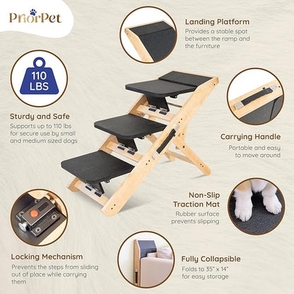 Dog ramp for Couch – Non-Slip, Sturdy Build Foldable Dog ramp – Supports up to 200lbs – Adjustable 7'' to 20'' – Landing Platform Seamlessly Connects – Birchwood Pet Ramp for Small Dogs – Natural