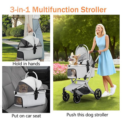 3 in 1 Pet Stroller for Small/Medium Dogs & Cats with Detachable Carrier, Storage Basket and Pet Pad, 4 Wheels Foldable Pet Travel Carrier for Car Seat & Hand Carry, Safe Outings (Khaki)