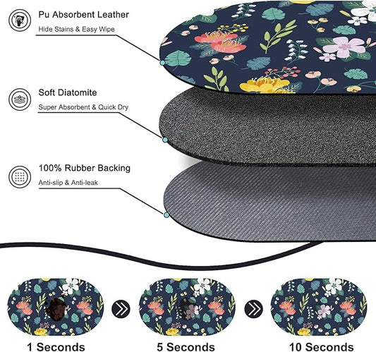20''x12'' Absorbent Cat Feeding Mat, Pet Water Mats Protect Floor, No Stains Quick Dry Pet Placemats for Food and Water Bowl, Non-Slip Base Cats Bowl Mats for Messy Drinkers, Dark Blue Floral