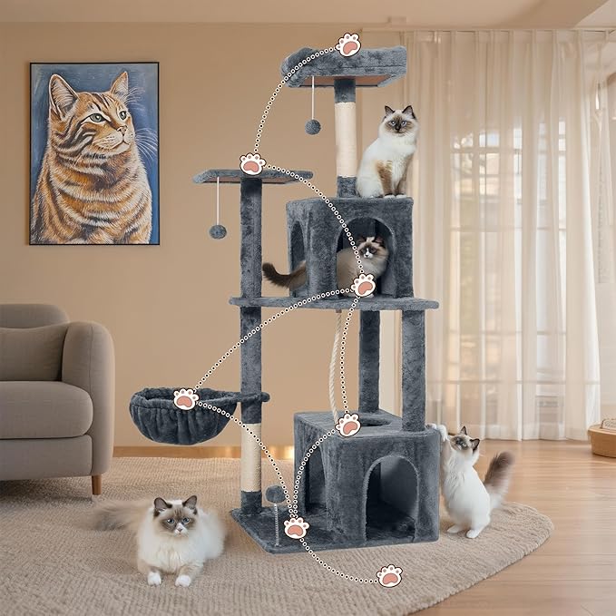 54 Inch Multi-Level Cat Tree Tower with Hammock, Condos & Scratching Posts, Large Cat Furniture for Indoor Cats with Pompoms, Dark Grey