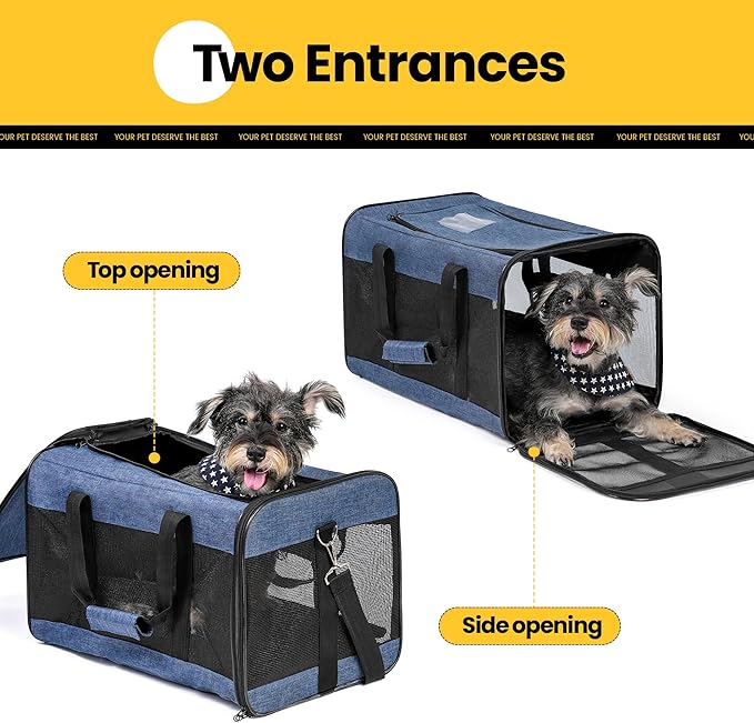 Dog Carrier Soft Sided, Large Cat Carrier with Inner Safety Leash, Pet Transport Carrier for Large Cats and Medium Dogs up to 20 Lbs, Collapsible Travel Puppy Carrier Bag -Blue L