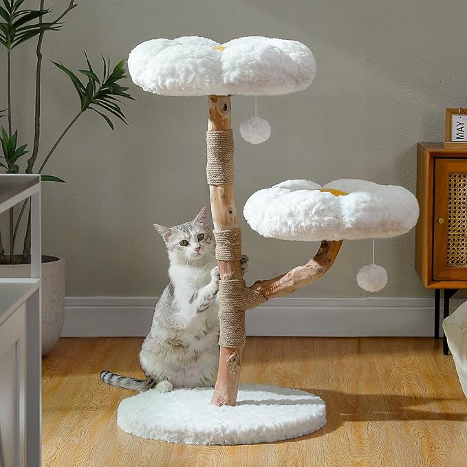 Wood Flower Cat Tree, Modern Cat Tower with Real Wood Branches, Luxury Boho Furniture with Scratching Post and 2 Perches, Cat Climbing Tower for Indoor Cats, Cloud White