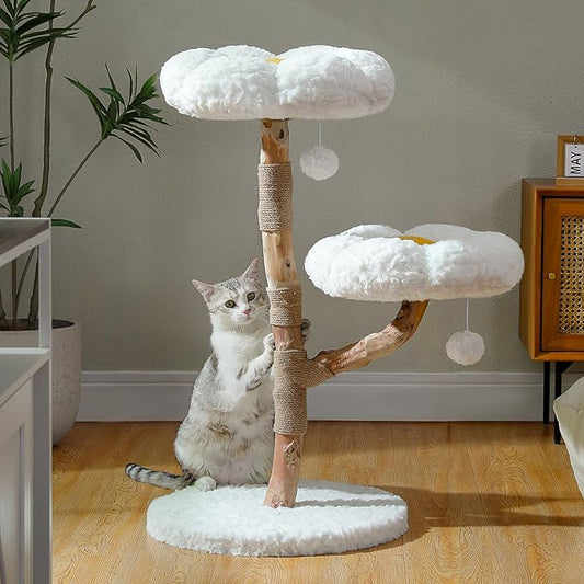 Wood Flower Cat Tree, Modern Cat Tower with Real Wood Branches, Luxury Boho Furniture with Scratching Post and 2 Perches, Cat Climbing Tower for Indoor Cats, Cloud White