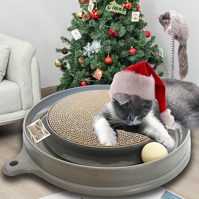 AUOON Cat Scratcher Toy with Ball Track - 3 in 1 Interactive Cat Toy, Cat Scratch Pad with Cat Ball Toy and Plush Cat Mouse Toy for Indoor Cats and Kittens (Gray)