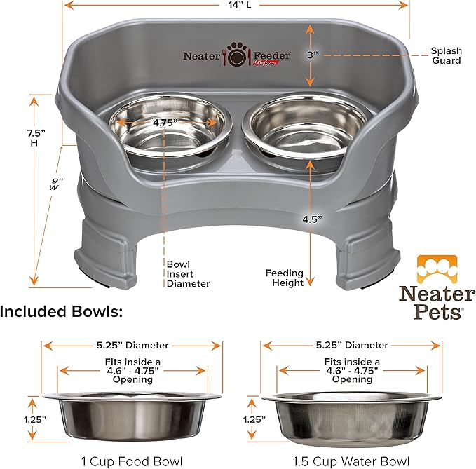 Neater Feeder Deluxe Mess-Proof Elevated Cat Bowls, 2 Height Adjustable (6” & 7.5”) No-Spill Raised Cat Bowl Stand, Whisker Friendly Stainless Steel Dishes for Indoor Cats, Made in USA, Grey