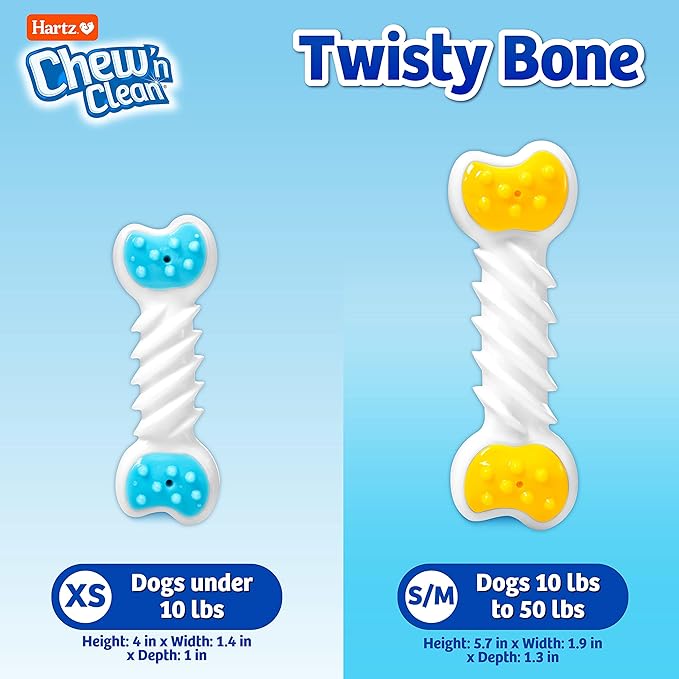 Hartz Chew ‘n Clean Twisty Bone Dog Chew Toy, Bacon Scented Chew Toy for Moderate Chewers, Small/Medium, Color Varies (Pack of 2)