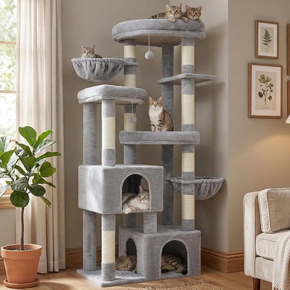 Hey-brother Cat Tree, 67.3 Inches Tower with 3 Soft Platform Beds, 2 Large Condos, 9 Sisal Scratching Posts, 2 Hammocks and Toys, Multi-Level Step House for Multiple Indoor Kittens, Light Gray MPJ084W