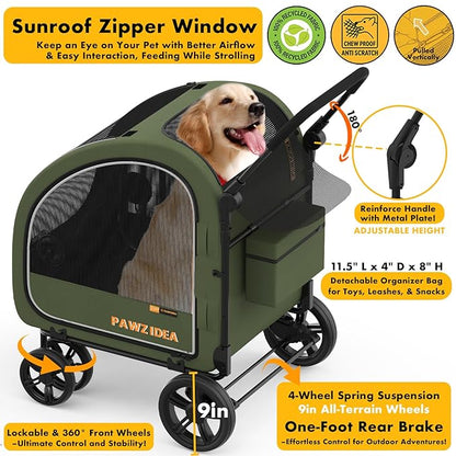 PAWZIDEA 3-in-1 Dog Stroller for Large Dogs with Detachable Carrier, 45% Extra Tall Dog Car Crate up to 100lb Sit Upright, Foldable Pet Stroller for 2 Medium Dogs All-Terrain Jogger, Adjustable Handle
