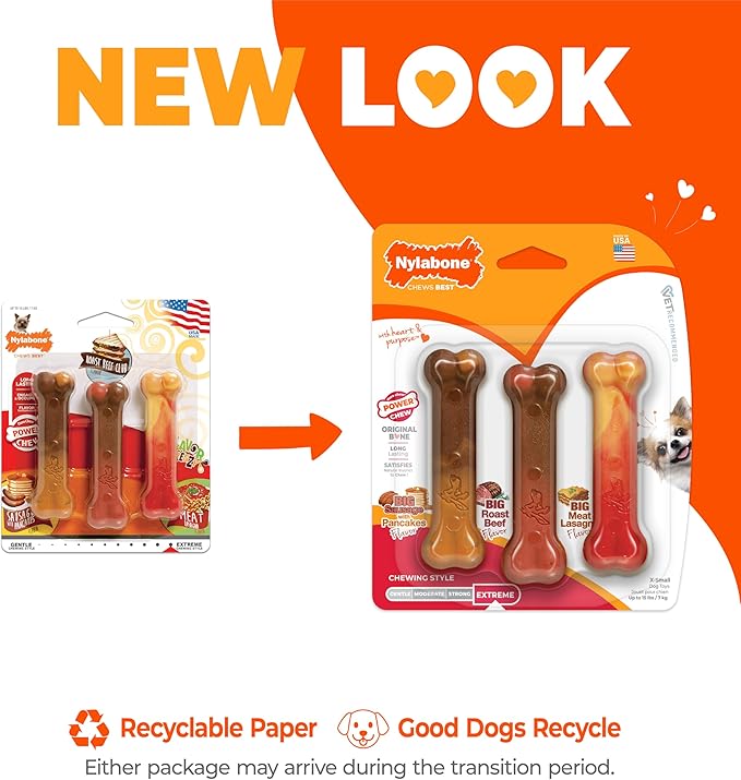 Nylabone Original Bone Power Chew Toy for Dogs, Durable Dog Toys for Aggressive Chewers, Flavor Frenzy Pancakes & Sausage, Roast Beef, & Lasagna, X-Small - Up to 15 lbs, 3 Pack