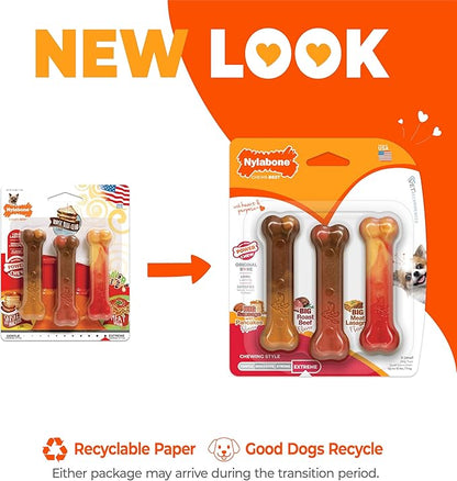 Nylabone Original Bone Power Chew Toy for Dogs, Durable Dog Toys for Aggressive Chewers, Flavor Frenzy Pancakes & Sausage, Roast Beef, & Lasagna, X-Small - Up to 15 lbs, 3 Pack