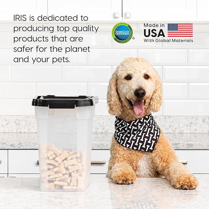 IRIS USA Airtight Dog Food Storage Container, WeatherPro, Up to 10 lbs, for Dog Cat Bird and Other Pet Food Storage Bin, Keep Fresh, Translucent Body, Made in USA, Clear/Black