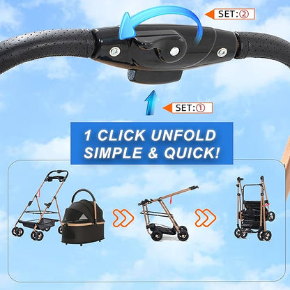 Pet Stroller for Small Dogs & Cats, Foldable for Small/Medium Dog Cat to 50 lbs, Removable Carrier, Storage Basket, Cup Holder, 3-in-1 Multifunctional Detachable (Black)