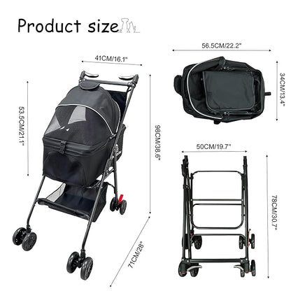 XL Extra-Large Pet Stroller, Running&Travel Pet Cart with Weather Cover, Cat&Dog Stroller for Large/Medium/Small Pets, Outdoor Pet Supplies 16.1"(D) 28"(W) 38.6"(H)