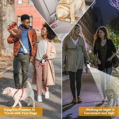 Heavy Duty Retractable Dog Leash for Large Dogs, 26ft Dog Leash with Poop Bag Holder, Up to 110lbs, chew Proof Cable, LED Light, 360° No-Tangle, One-Handed Pause & Locked. (White, M 16ft)