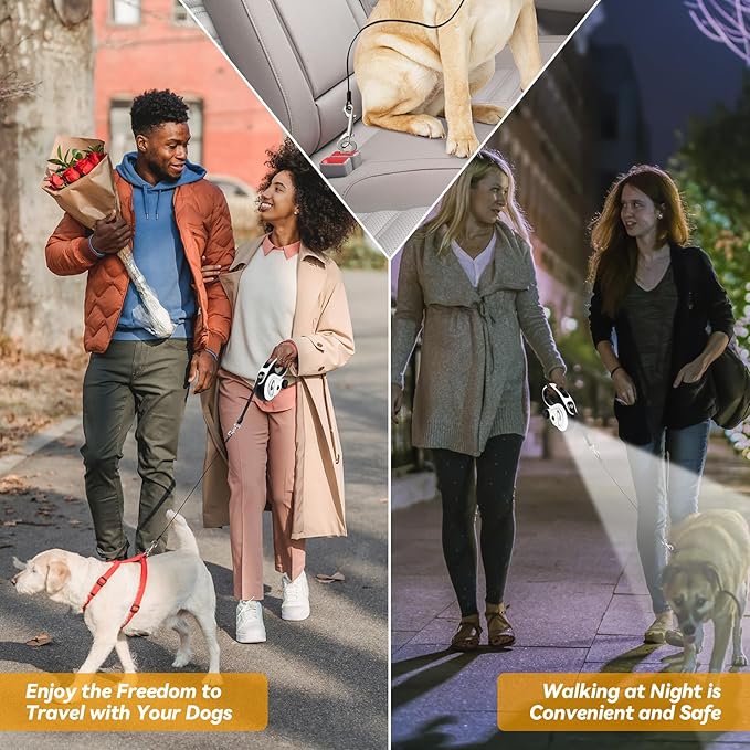 Heavy Duty Retractable Dog Leash for Large Dogs, 26ft Dog Leash with Poop Bag Holder, Up to 110lbs, chew Proof Cable, LED Light, 360° No-Tangle, One-Handed Pause & Locked. (White, L 26ft)